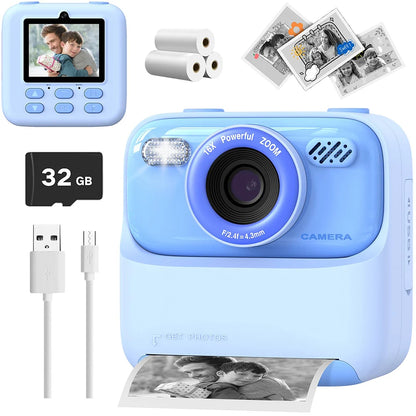 appareil photo instantane enfant bleu carte 32gb rouleaux papier