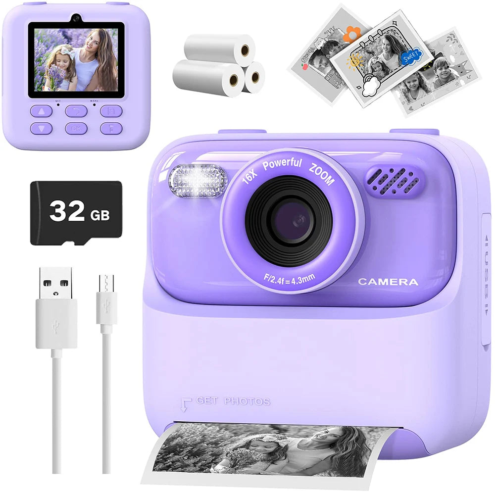 appareil photo instantané enfant avec carte 32gb, 3 rouleaux de papiers et fil usb le cadeau parfait