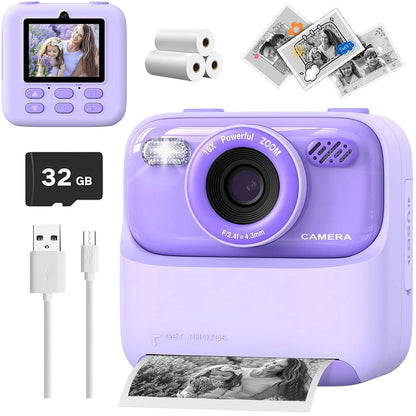 appareil photo instantané enfant avec carte 32gb, 3 rouleaux de papiers et fil usb le cadeau parfait