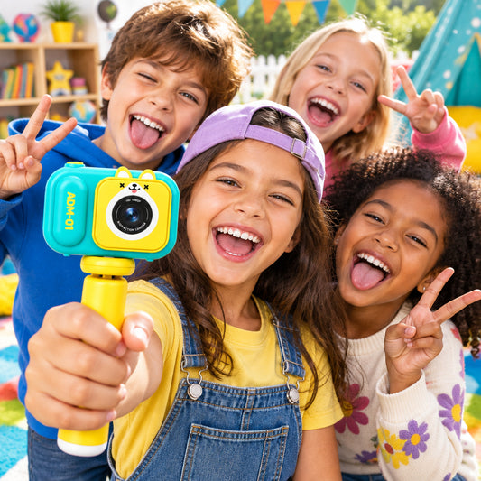 appareil photo numérique enfant vert et jaune version renard capte tout sur ses image et son lecteur MP3