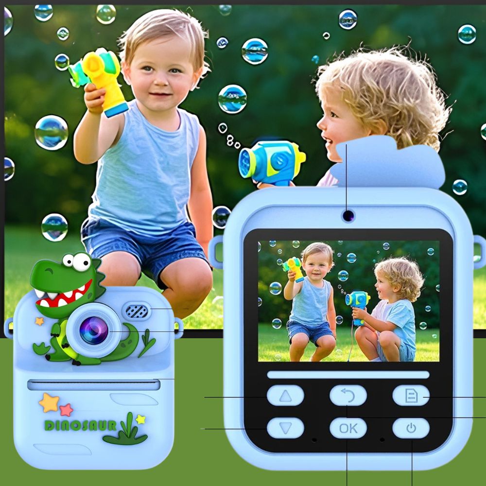 appareil photo enfant instantané  dinosaure,impression thermique noir et dégradé de gris, lecteur Mp3 le cadeau parfait