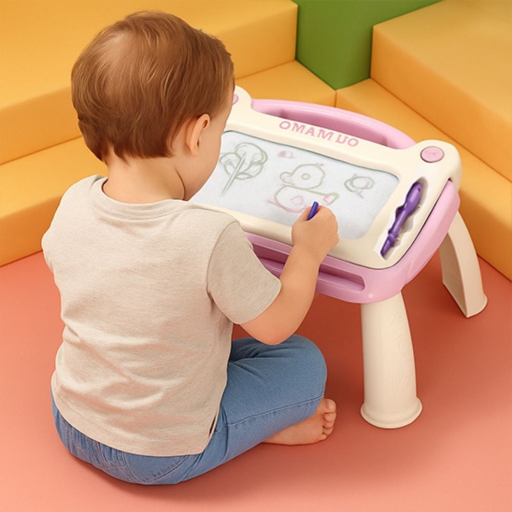 ardoise magique rose avec 4 pattes pour support en table à dessiner