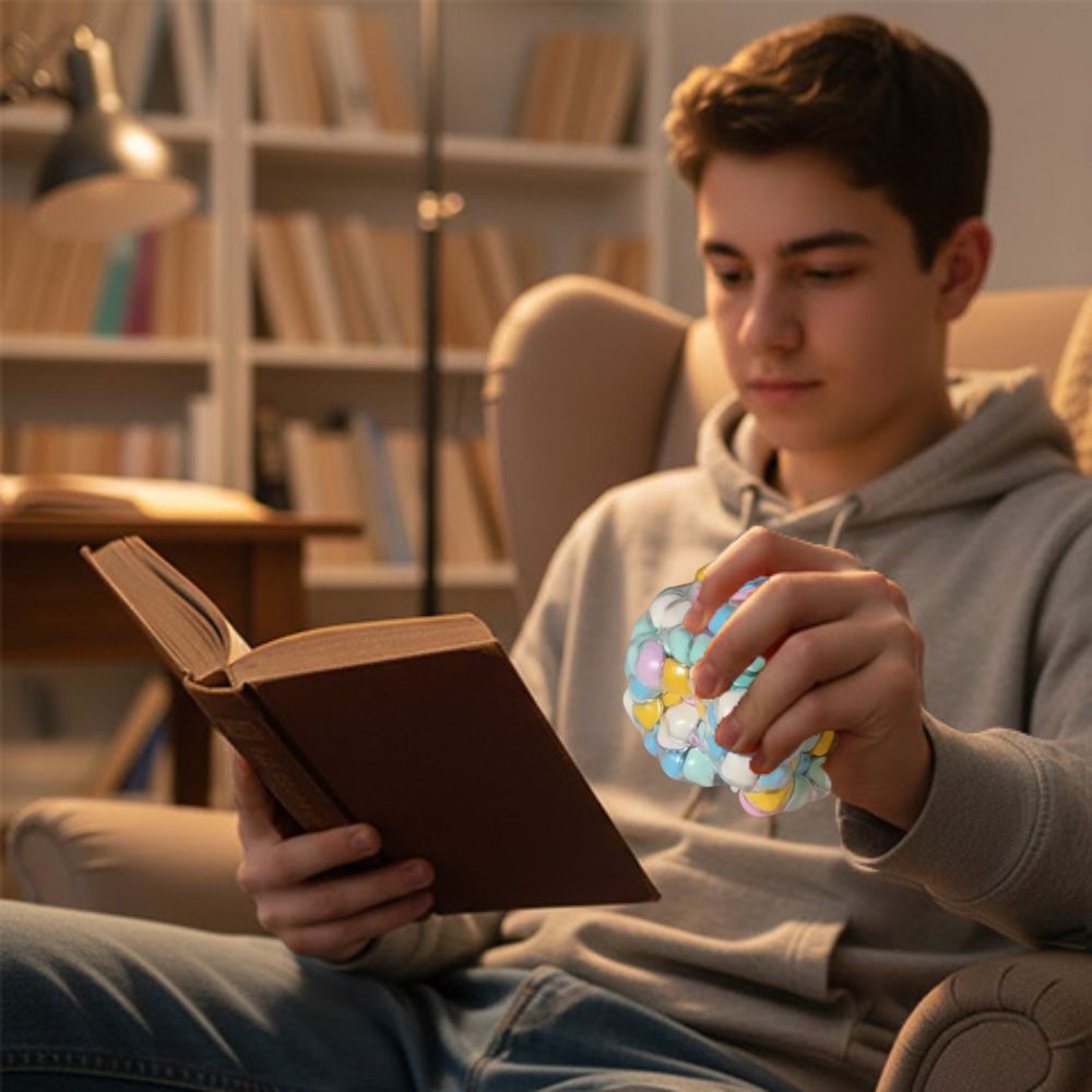 un garçon utilise la Balle anti-stress à malaxer pendant la lecture et les devoirs