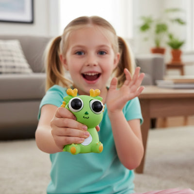 balle anti stress enfant dragon vert yeux rigolos