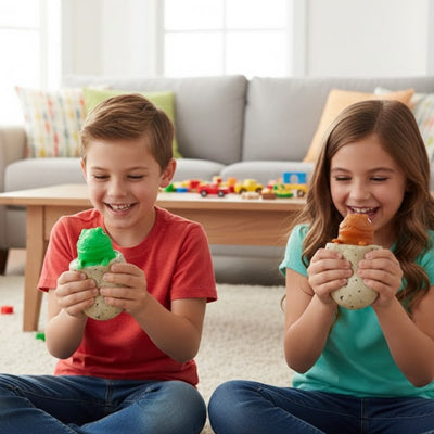 2 enfants heureux de leur balle anti stress enfant oeuf  dinosaure surprise pop it magique 