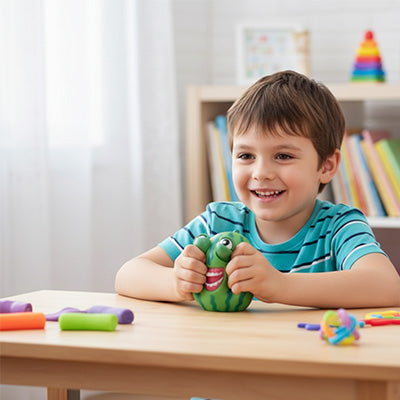garçon calme ses émotions avec sa balle anti stress enfant pastèque