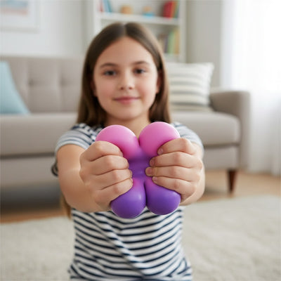 jeune fille calme ses maux de ventre nerveux avec une balle anti stress de couleur mauve et rose