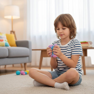 séance de méditation remise au calme avec une balle anti stress bleu et rose a manipuler en douceur