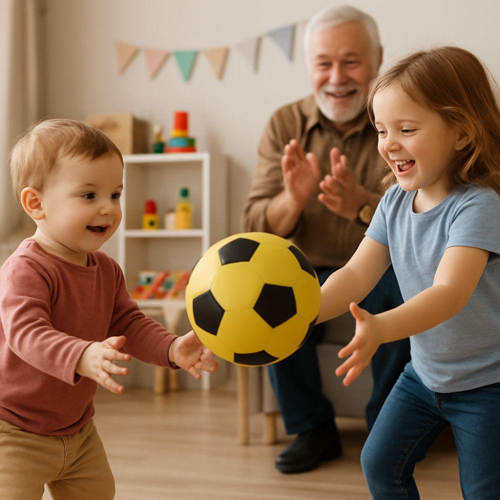 grand-papa enseigne aux petits enfants à attrapper avec le ballon en mousse qui ne fait pas mal