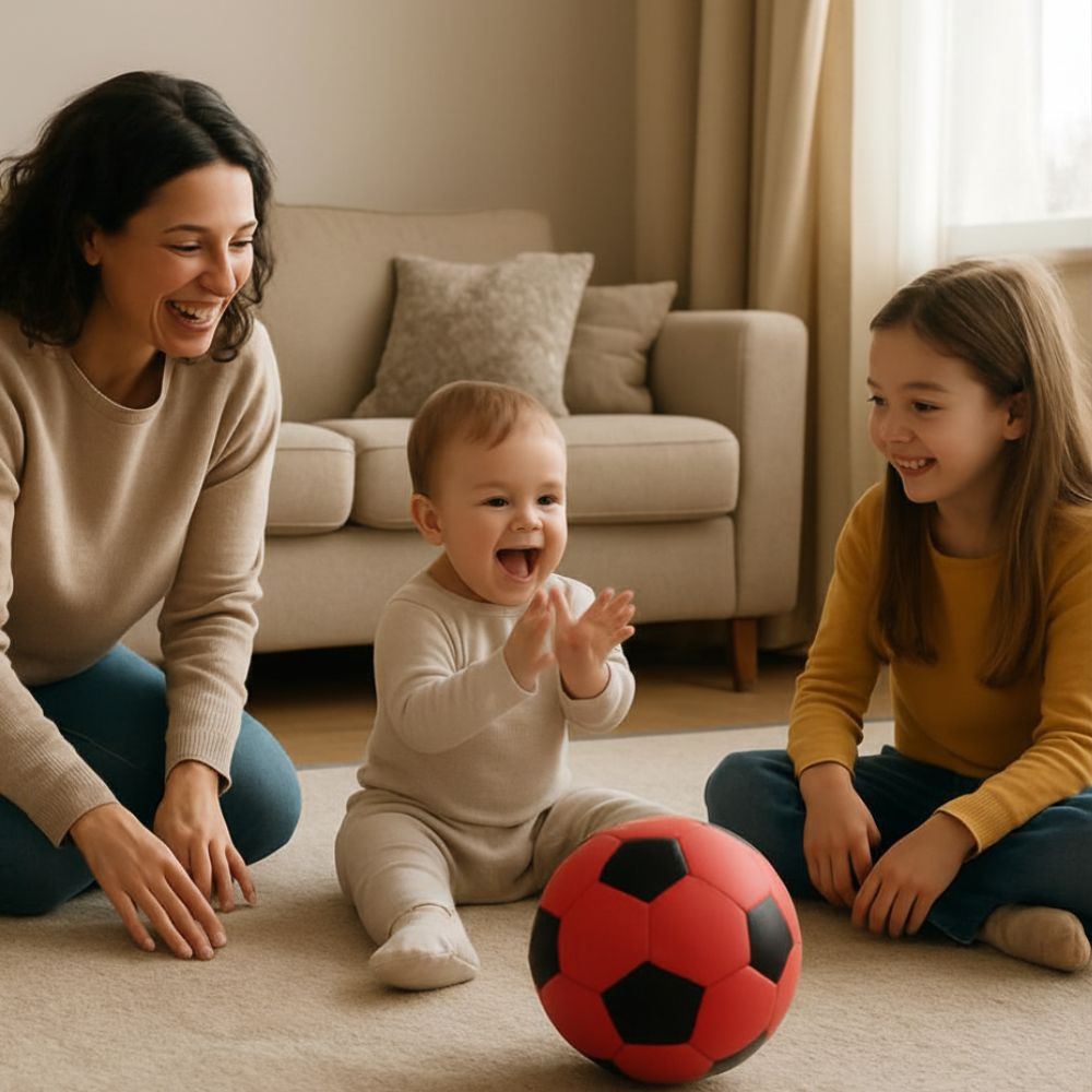 le ballon en mousse roule bien, le bébé développe sa motricité globale sans se faire mal.