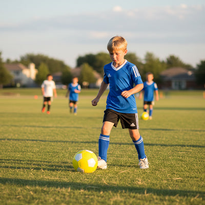 un gamin joue avec des amis dehors grace a son ballon foot jaune et blanc qui les attire