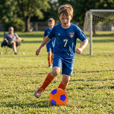 un jeune garçon manie le ballon foot de mieux en mieux grace a ses heures de jeux de pratique entre amis.
