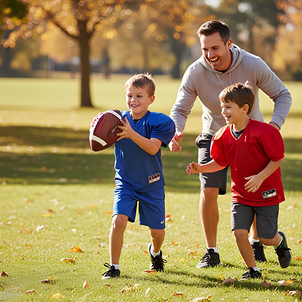 un père et ses 2 fils crée des liens  grâce au Ballon football americain en plein air un peu partout