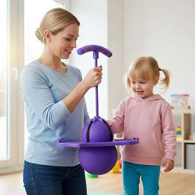 une mère donne en cadeau à sa fille un ballon sauteur violet