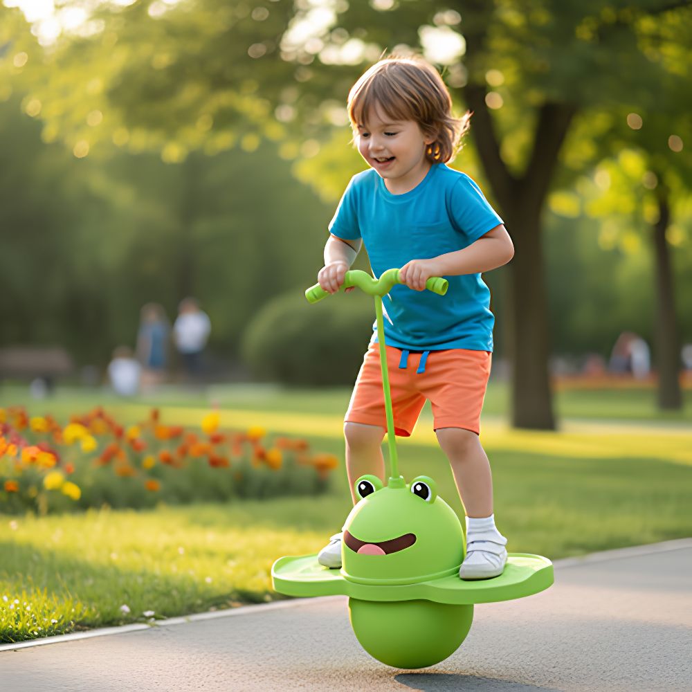 le garçon saute sur son ballon sauteur grenouille en toute sécurité