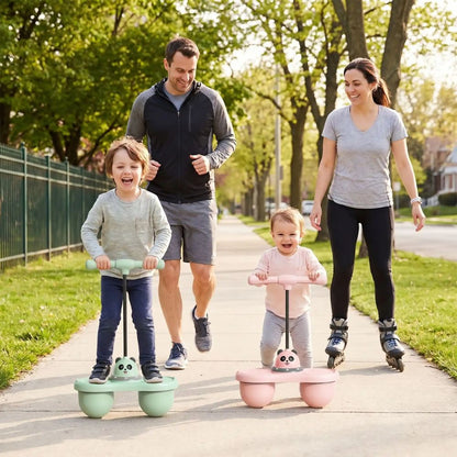 une famille en promenade les enfants sur leurs ballon sauteur 