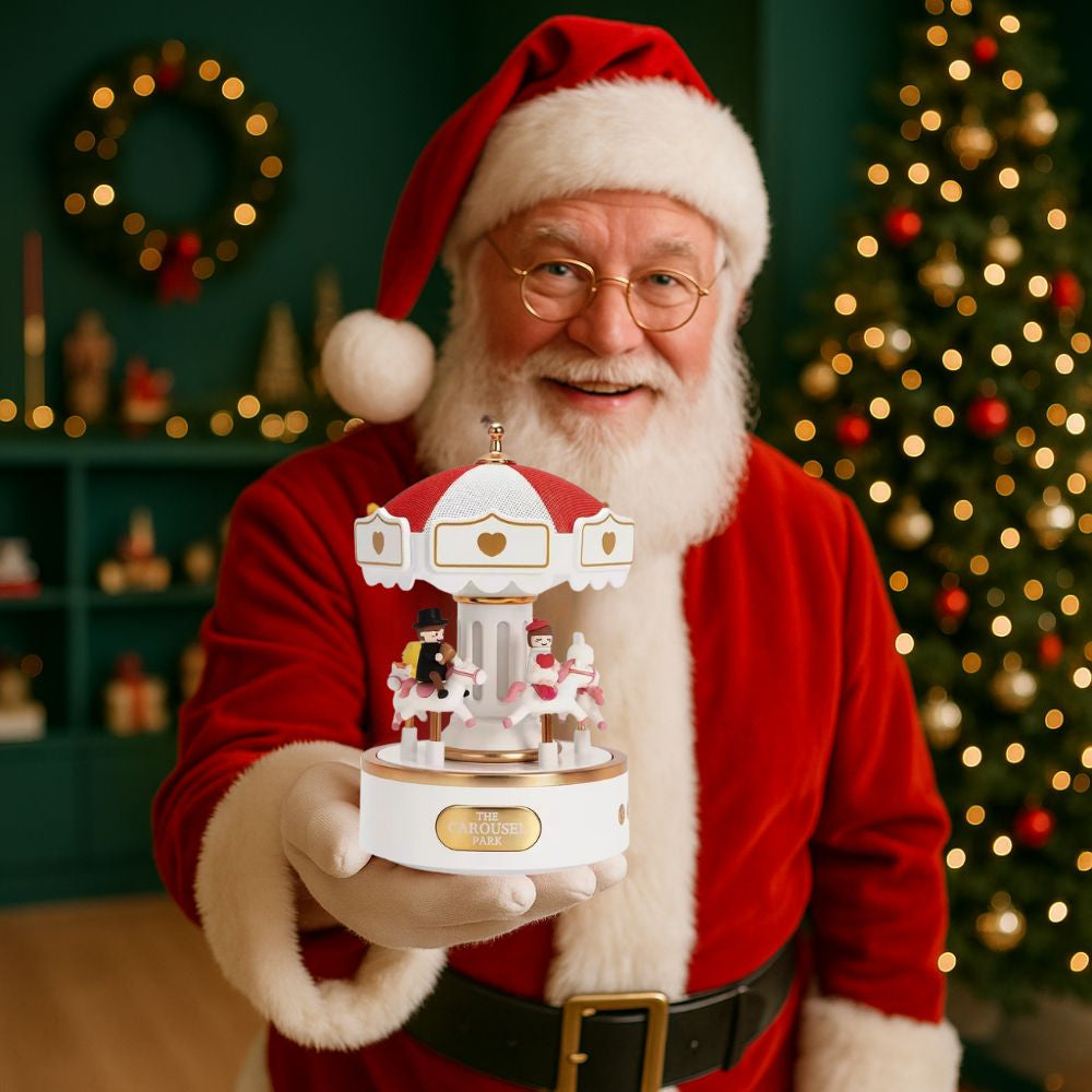 le pere Noel donne une boite a musique le petit carrousel rose et blanc en cadeau  comme veilleuse de nuit féérique