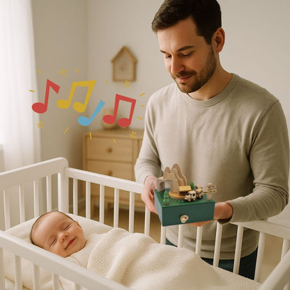 un père utilise la boite a musique enfant et bébé qu'il a reçue en cadeau