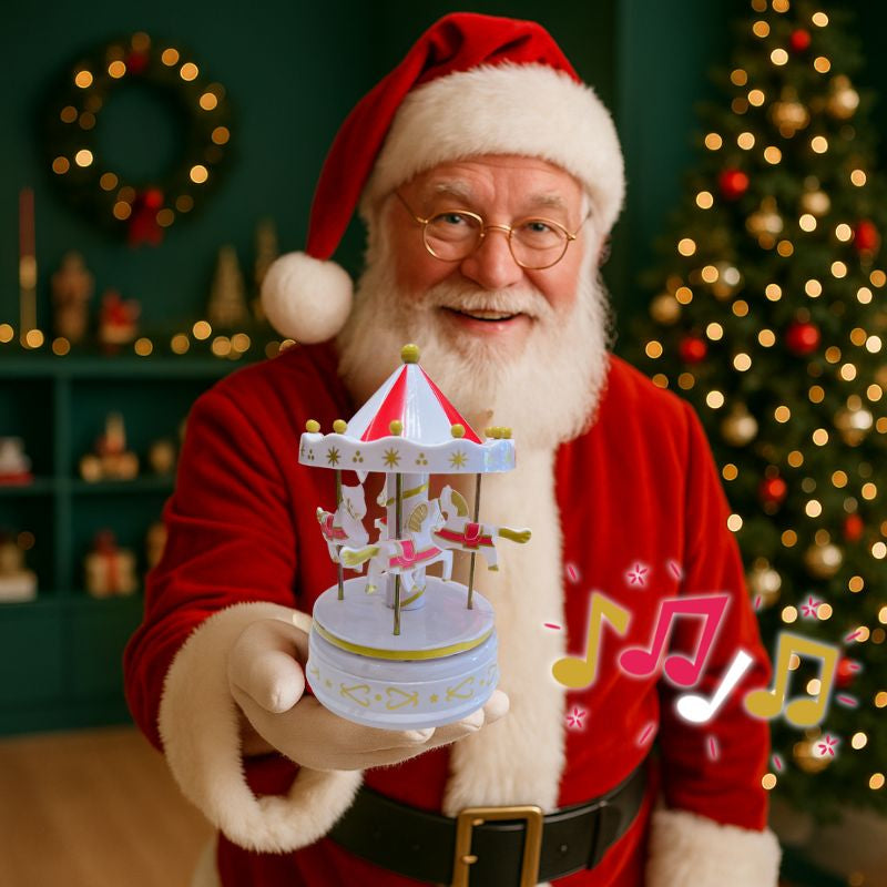 Le Përe Noël a choisi de donner une boite a musique en forme de carrousel à 4 cheveaux comme cadeau de Noël aux enfants