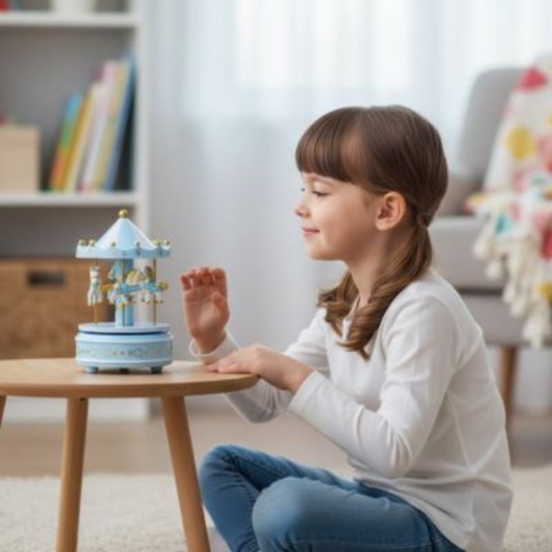 une fillette admire son carrousel leu en plastique qui orne sa boite a musique préférée
