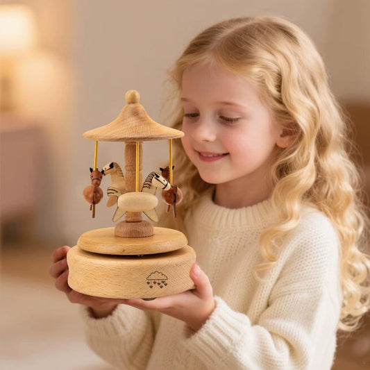 une jeune fille tient fièrement dans ses mains un carrousel en bois de 4 chevaux comme boite a musique enfant