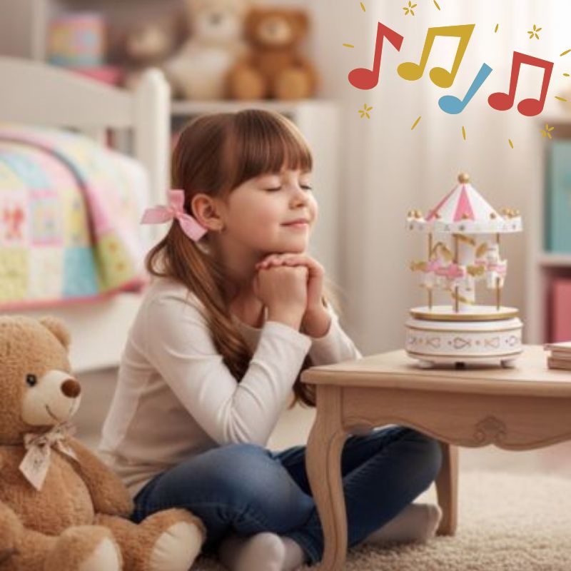 une enfant médite et se détend avec sa boite a musique blanche, rose et doré
