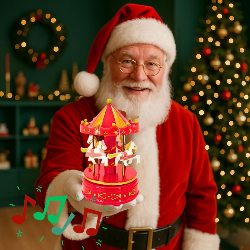 père Noël remet une boite a musique rouge à votre enfant pour l'amener au royaume des rêves