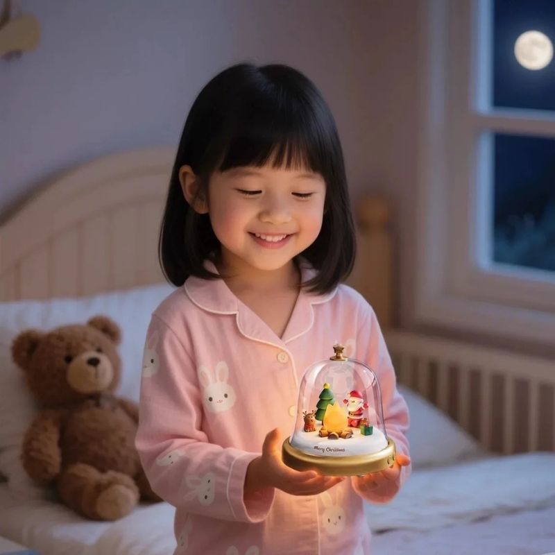 une fillette transporte sa veilleuse enfant et boite a musique dans sa chambre à coucher