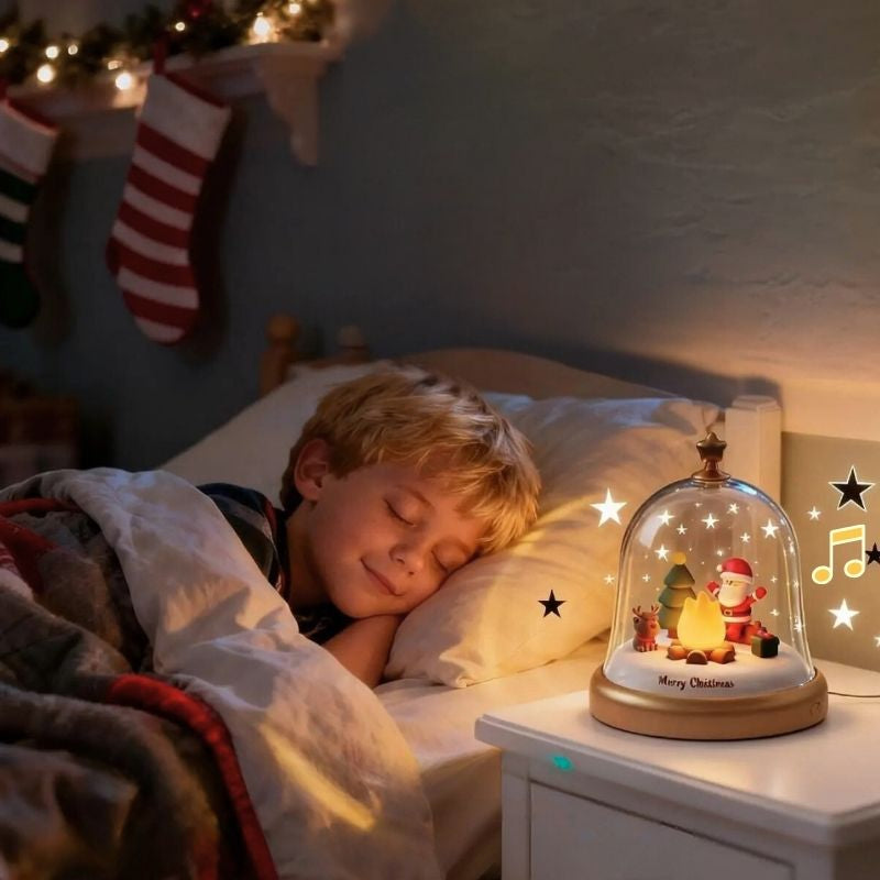 Un garçon dort calmement à la lueur de sa veilleuse enfant  et aussi sa boite a musique magnifique