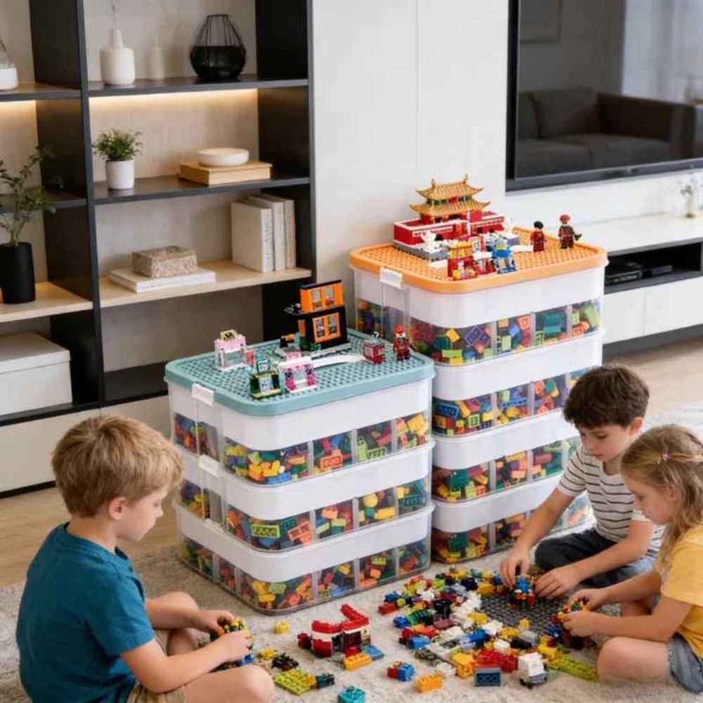bien organiser la salle de jeu avec boite en plastique transparente