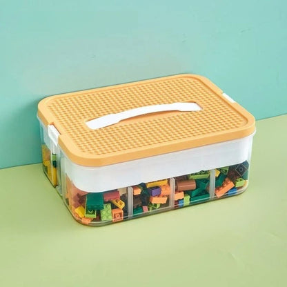 boite en plastique transparent à couvercle jaune pour blocs Lego