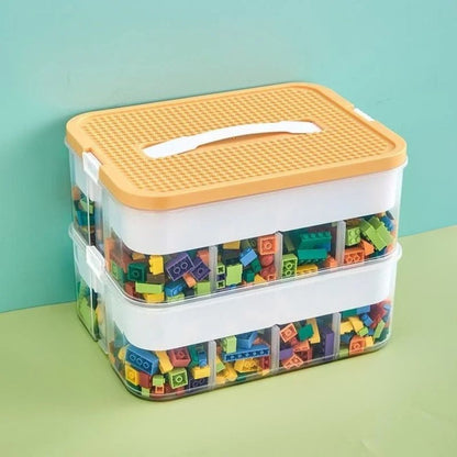 boite en plastique transparent double à couvercle jaune pour blocs Lego