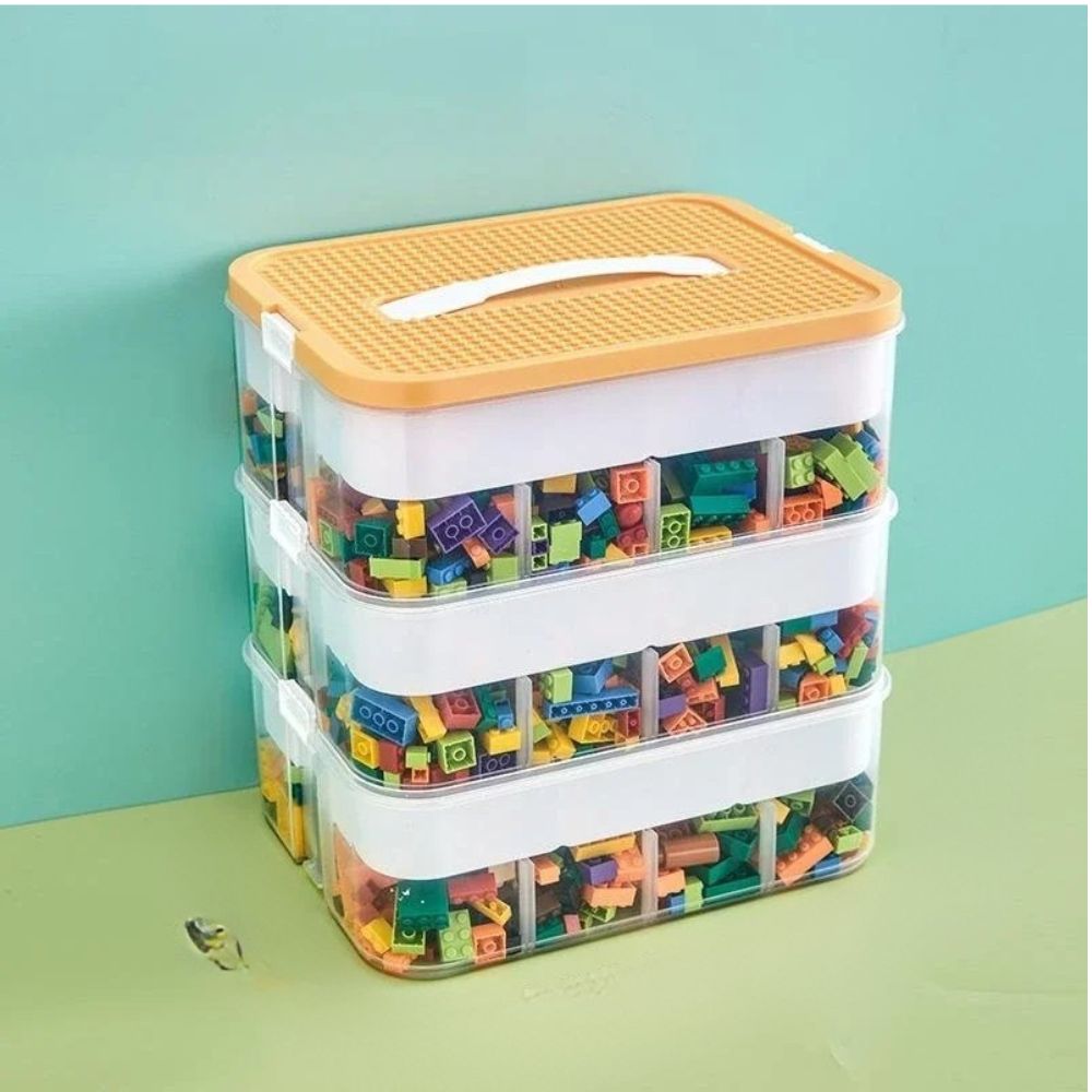 tripple boite en plastique transparent à couvercle jaune pour blocs Lego