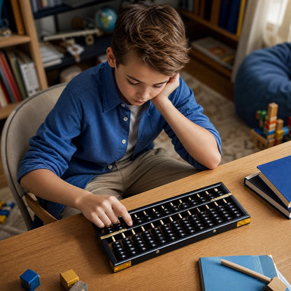 un jeune garçon fait ses devoirs de mathématique avec son Boulier pour vérifier ses calculs