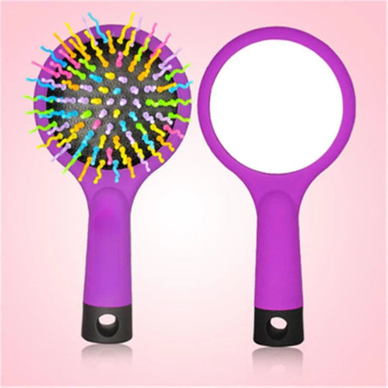 brosse à cheveux manche mauve miroire de beauté brosse arc-en-ciel magique