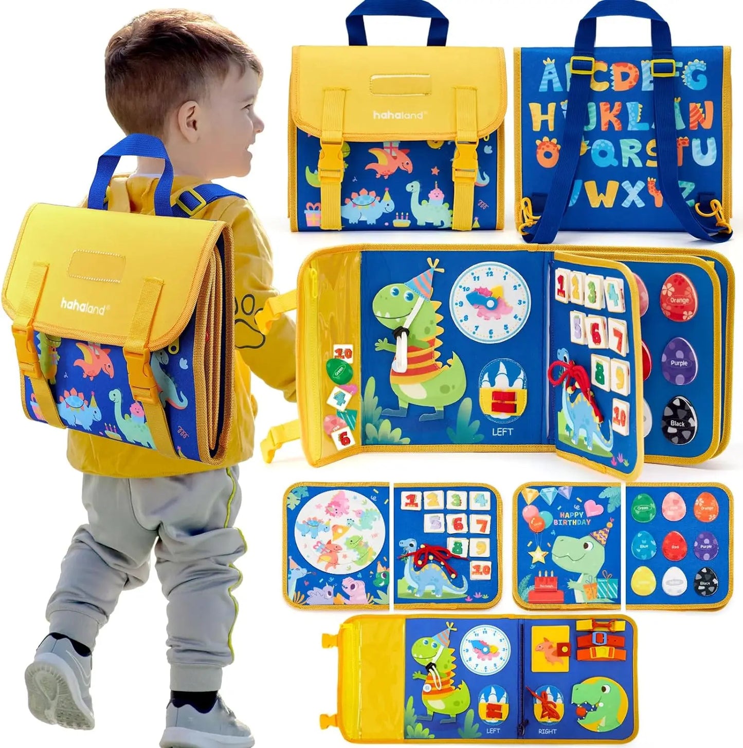 Un gamin porte fièrement son cartable du BUSY BOARD BLEU dinosaure jouer et apprendre sans toucher aux écrans