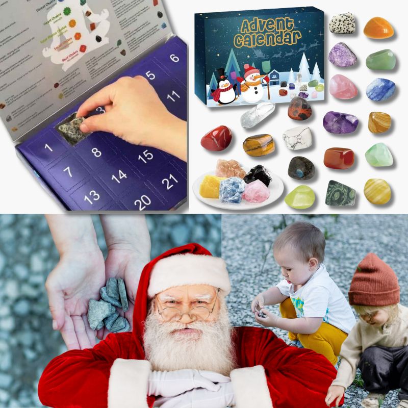 le père noel fier d'offrir son calendrier de l'avent rempli de pierres et petit trésors pour nos amis qui collectionnent les roches dans leur poche