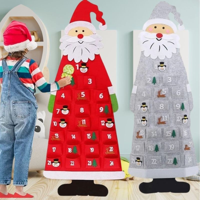 une fillette avance sa sucette de pochette en pochette dans un de ses calendrier de l'avent à remplir rouge et gris