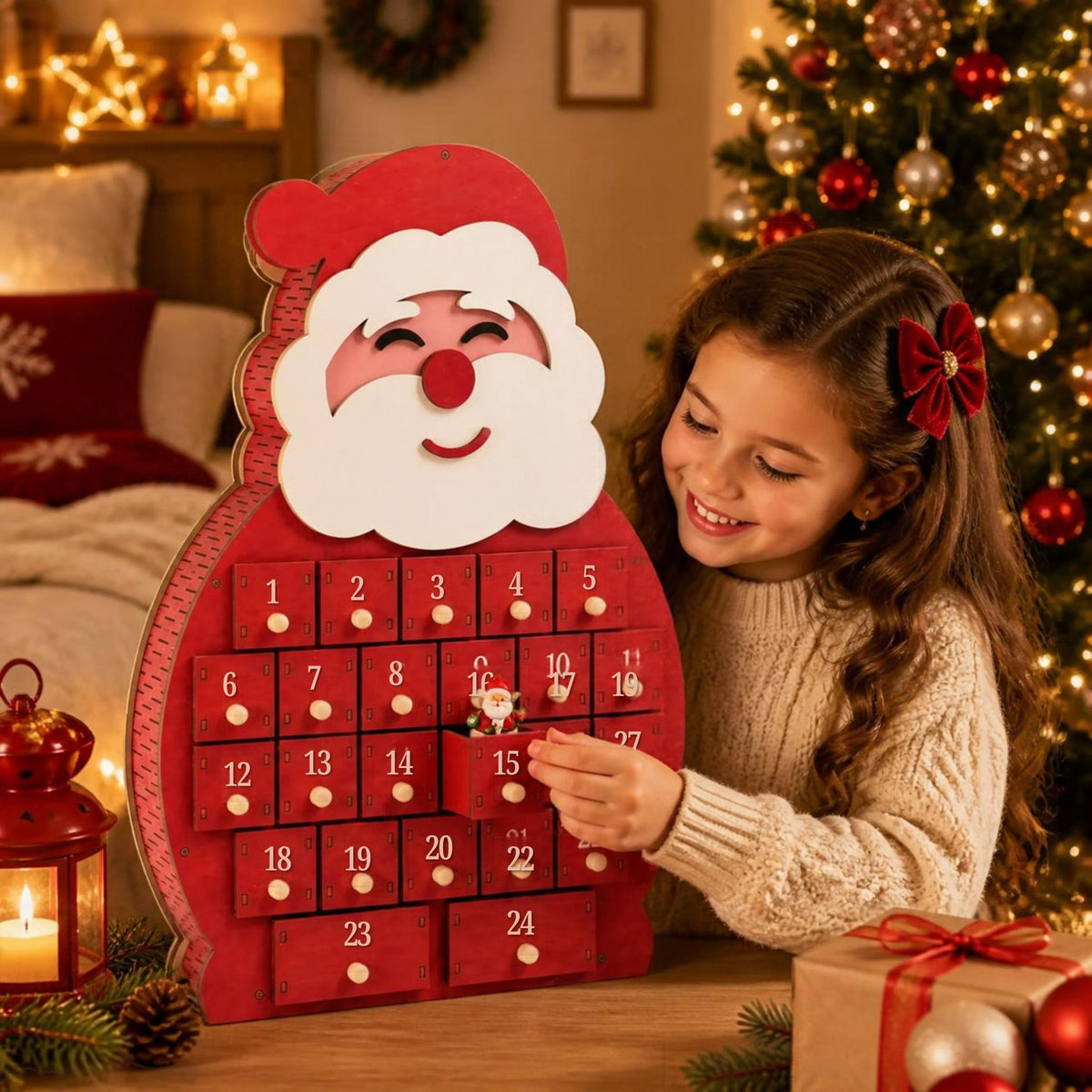 CALENDRIER DE L'AVENT EN BOIS|Réutilisable- Père Noël & Bonhomme de Neige 2026
