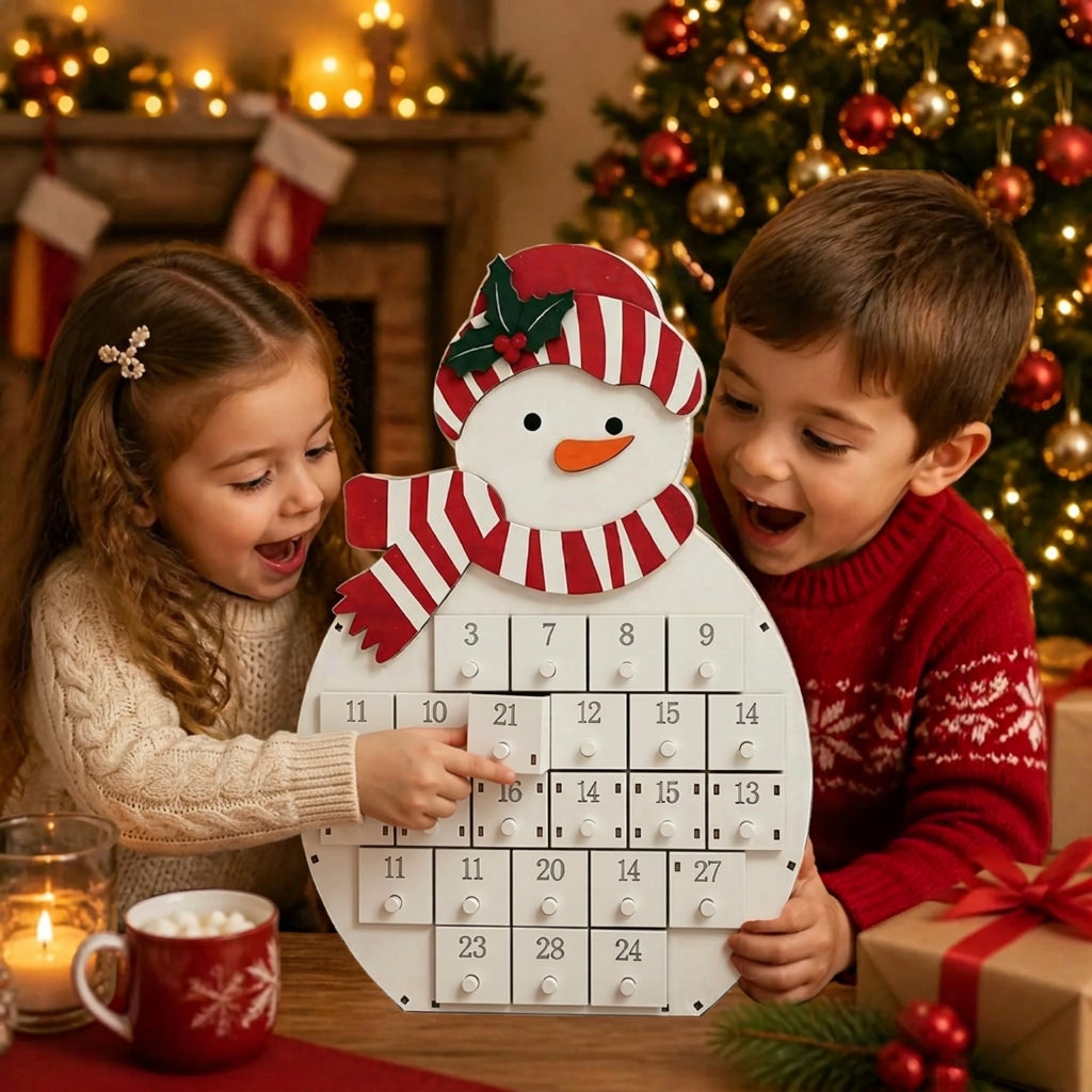 CALENDRIER DE L'AVENT EN BOIS|Réutilisable- Père Noël & Bonhomme de Neige 2026