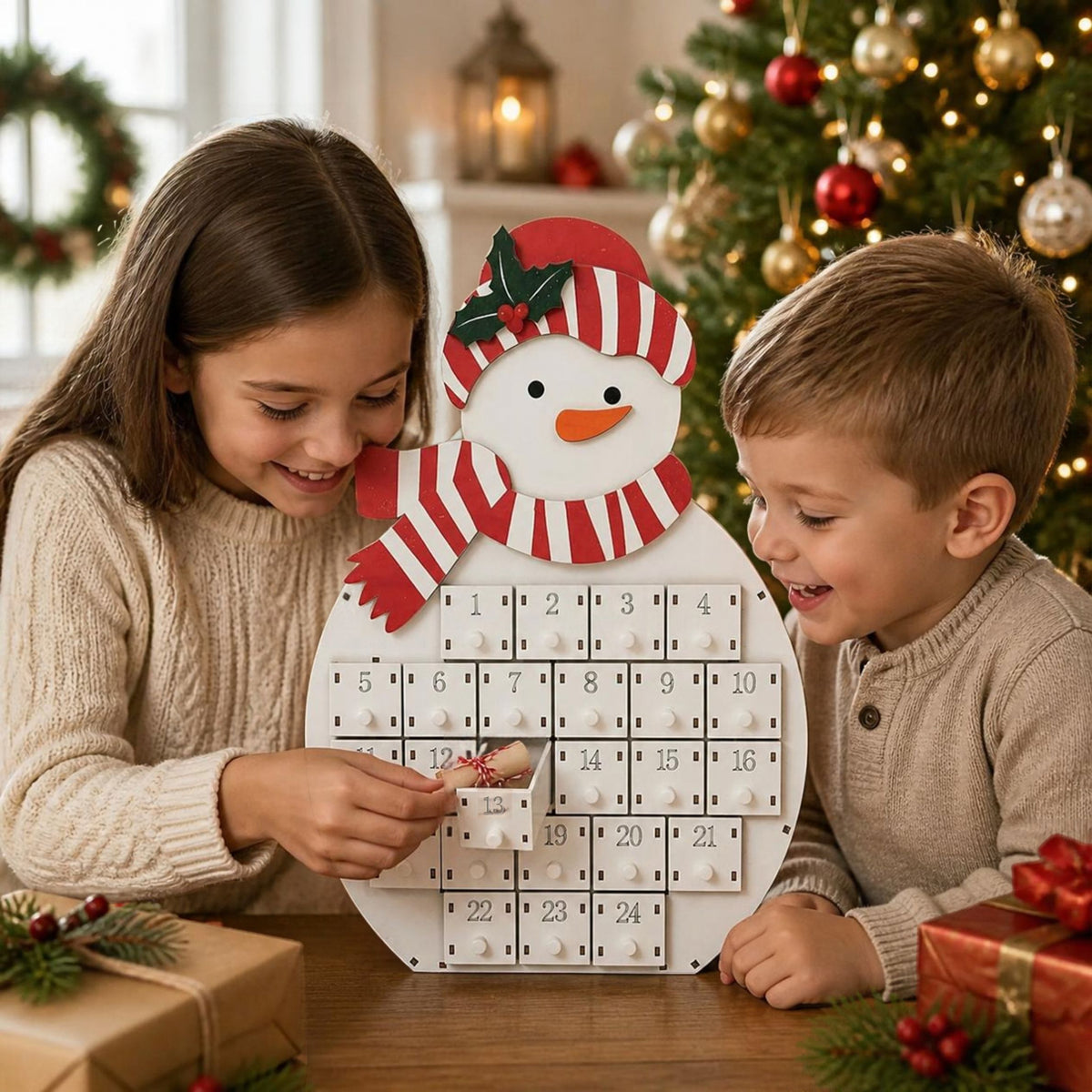 CALENDRIER DE L'AVENT EN BOIS|Réutilisable- Père Noël & Bonhomme de Neige 2026