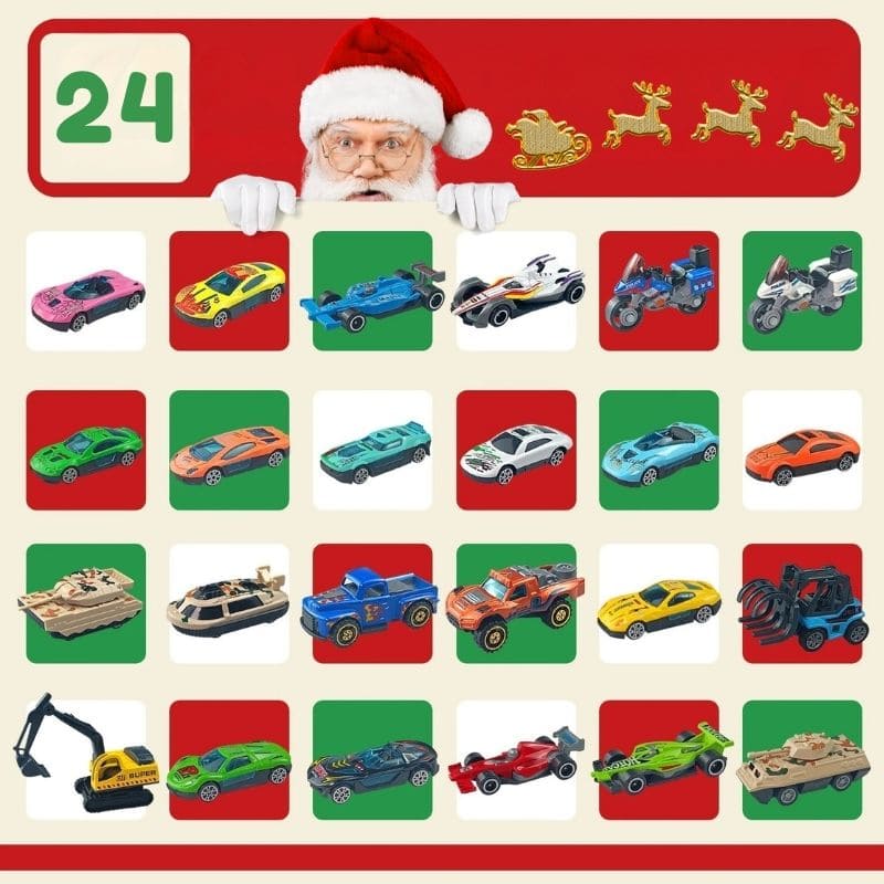 père Noël est surpris de voir ses 24 belles voitures en lastique abs de son meilleur calendrier de l'avent enfant 2025