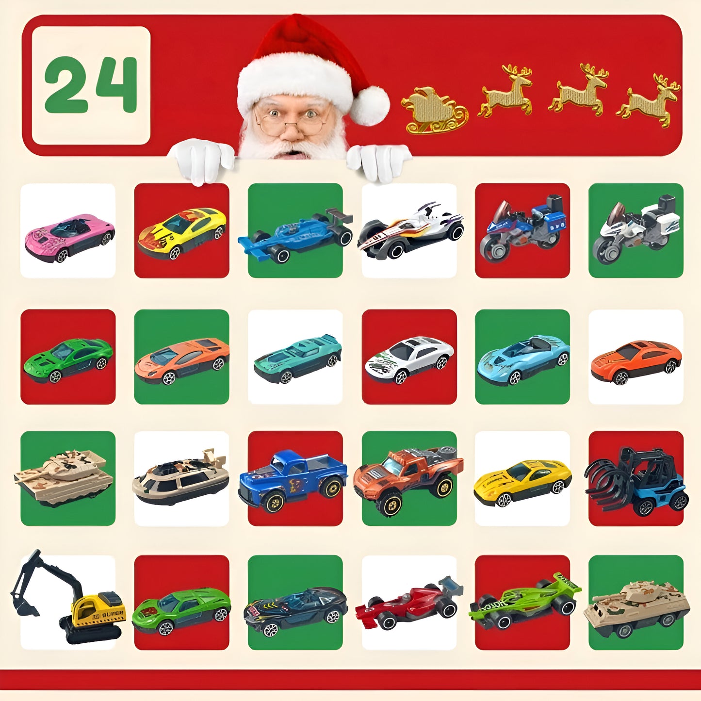 père Noël est surpris de voir ses 24 belles voitures en lastique abs de son meilleur calendrier de l'avent enfant 2025