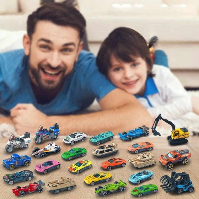 Un père et son fils jouent avec les voitures miniatures du calendrier de l'avent enfant de 24 voiture jouets