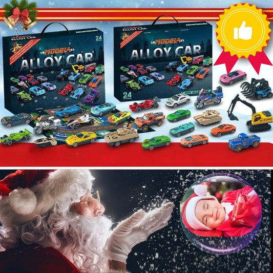 boite de calendrier de l'avent enfant contenant 24 petites voitures jouets miniatures offert par Père Noël pour le décompte 