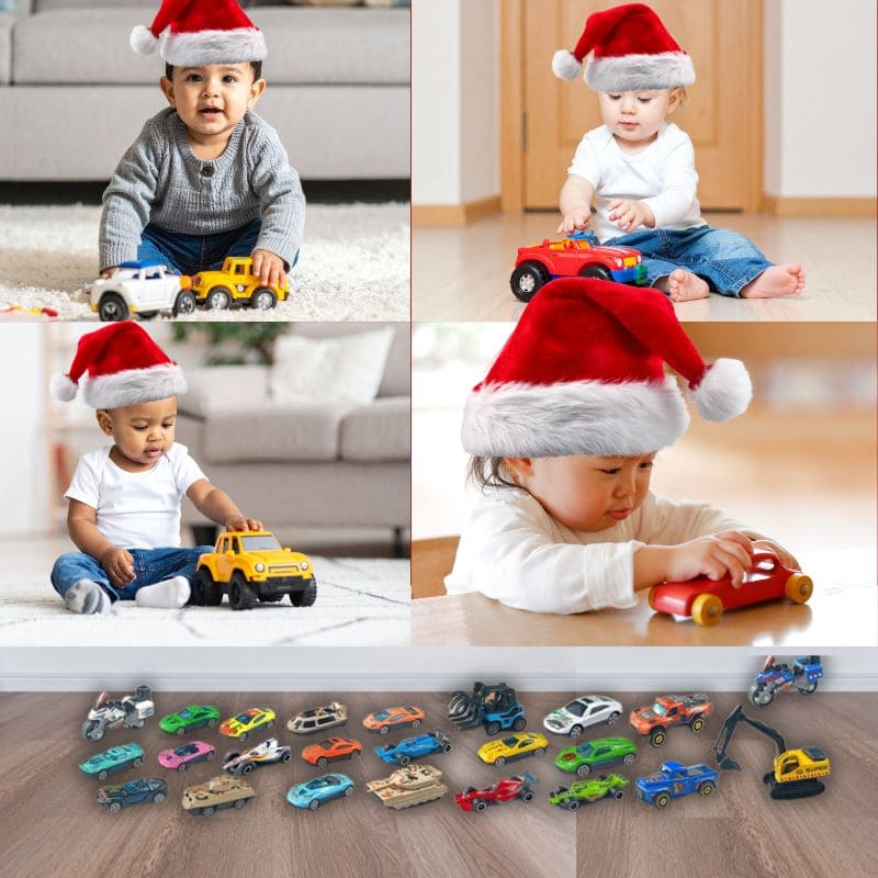 4 jeunes garçons jouent avec des petites voitures espérant leur calendrier de lavent enfant rempli de voitures jouets