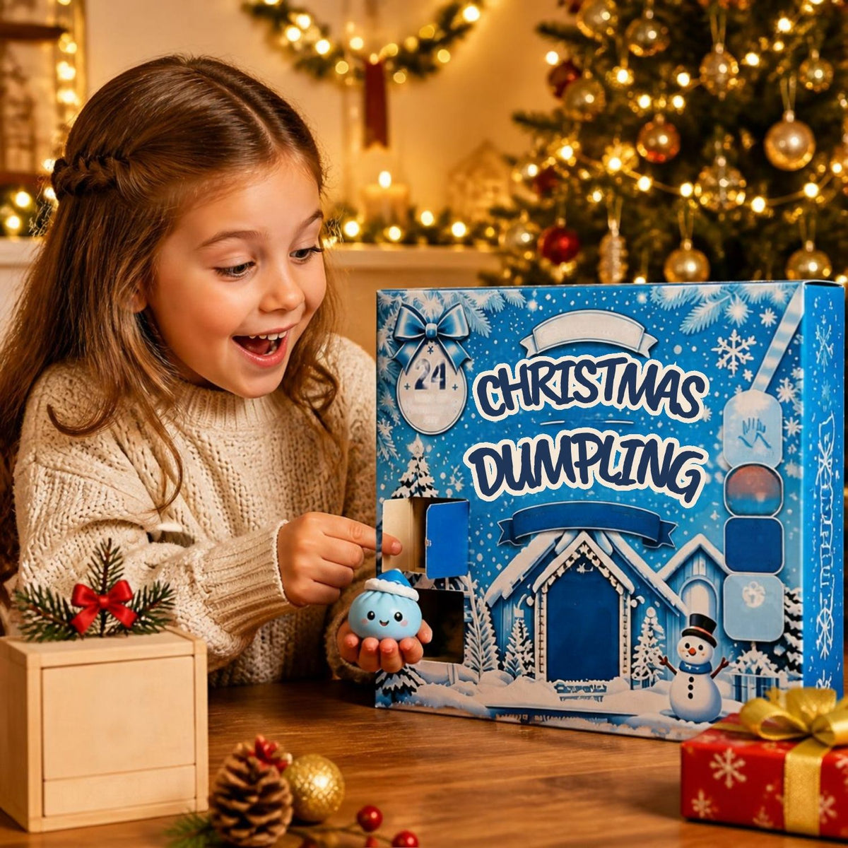 une fillette ouvre sa porte du jour du calendrier de l'avent enfant dumpling squishis de Noël