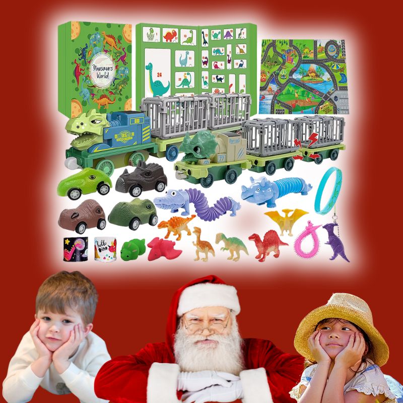 père noel avec ses 2 amis de 4 ans garcon et fille donne un calendrier de l'avent