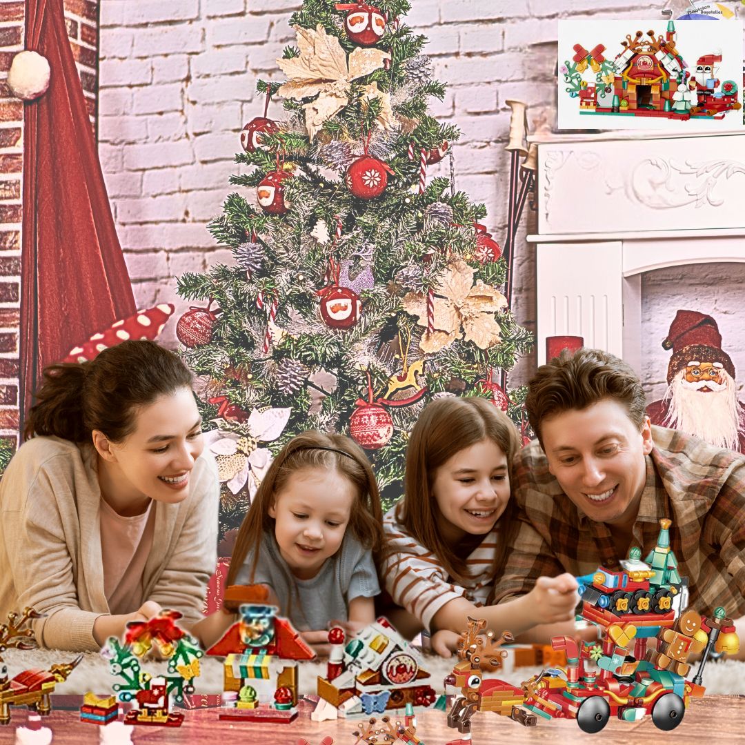 une famille de 4 admire chaque construction issue du calendrier de l'avent enfant pour amateur de bloc de construction