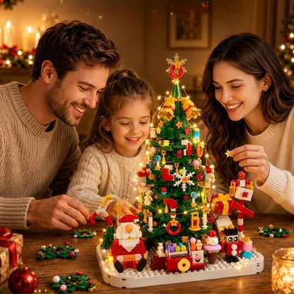 une fillette avec ses parents font leur calendrier de l'avent Sapin avec guirlande lumineuse LED